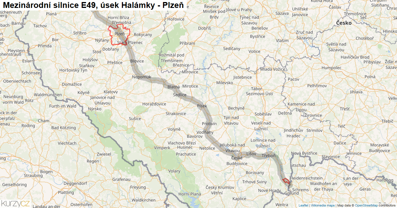 Úsek Halámky - Plzeň, Silnice E49 - Mapa