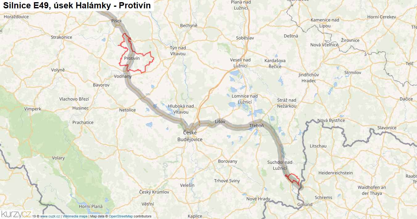 Úsek Halámky - Protivín, Silnice E49 - Mapa