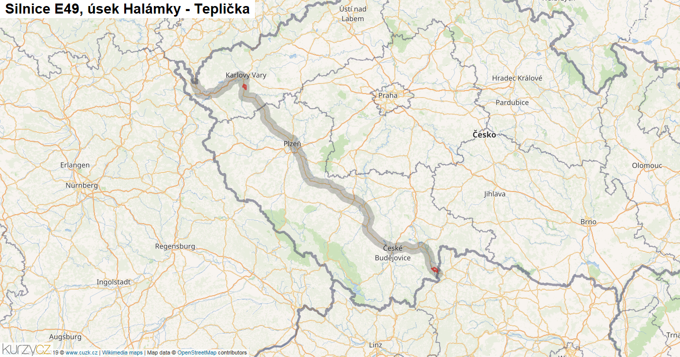Úsek Halámky - Teplička, Silnice E49 - Mapa