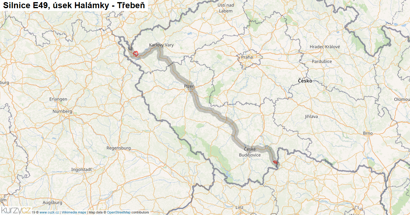 Úsek Halámky - Třebeň, Silnice E49 - Mapa