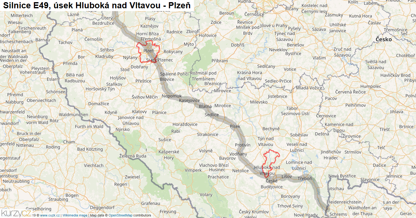 Úsek Hluboká nad Vltavou - Plzeň, Silnice E49 - Mapa