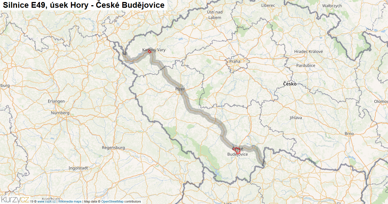 Úsek Hory - České Budějovice, Silnice E49 - Mapa