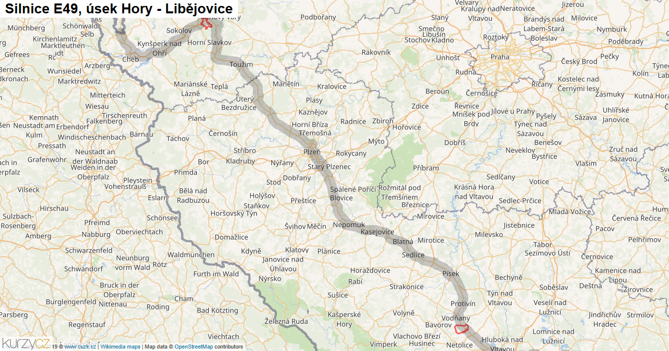 Úsek Hory - Libějovice, Silnice E49 - Mapa