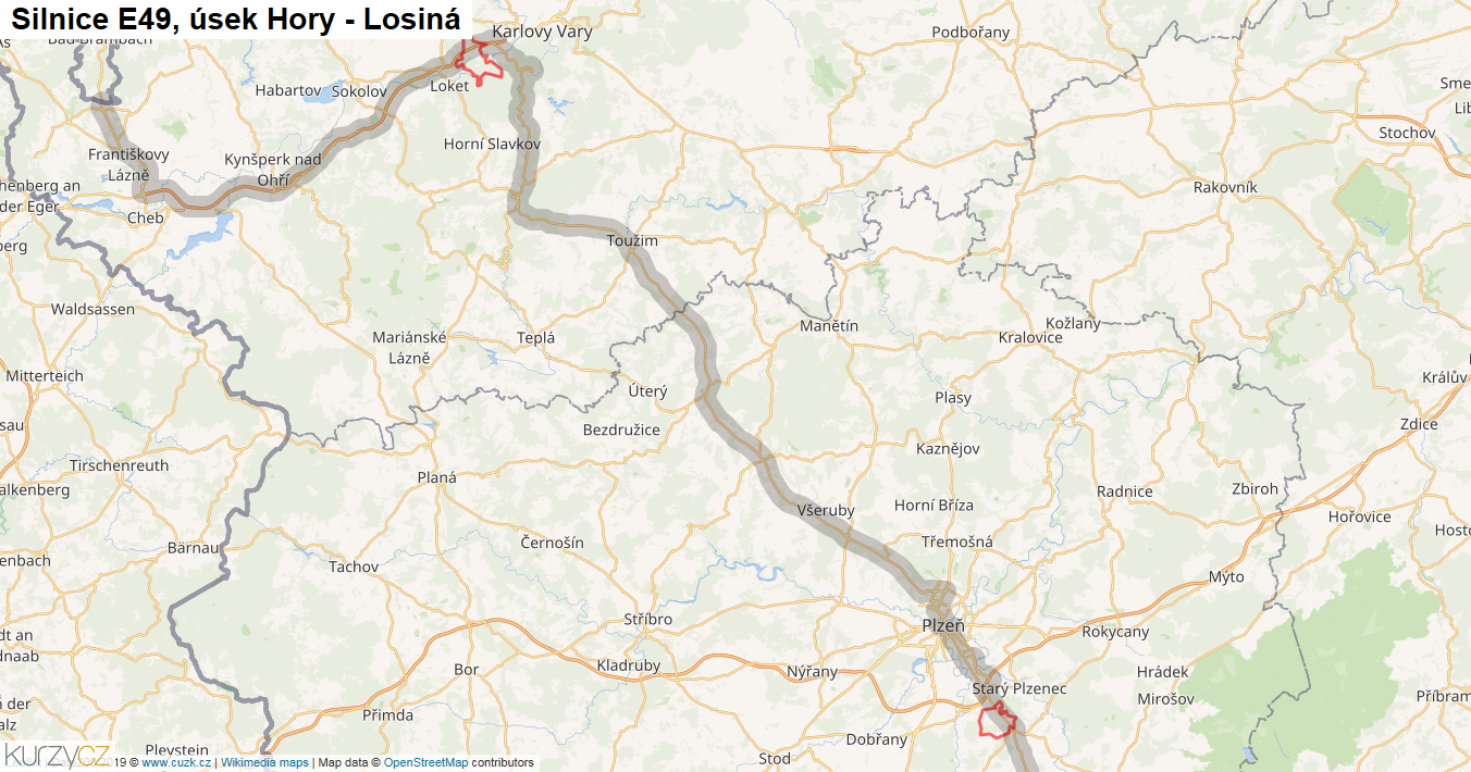 Úsek Hory - Losiná, Silnice E49 - Mapa