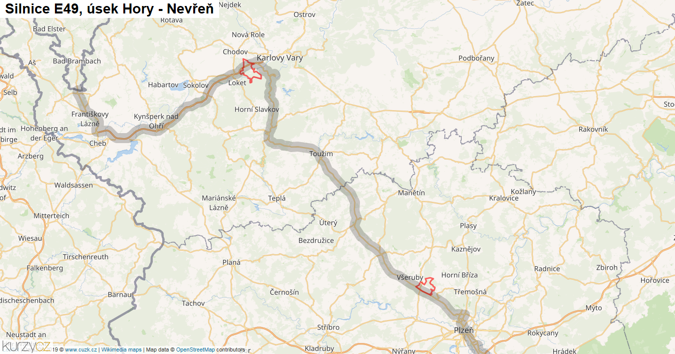 Úsek Hory - Nevřeň, Silnice E49 - Mapa