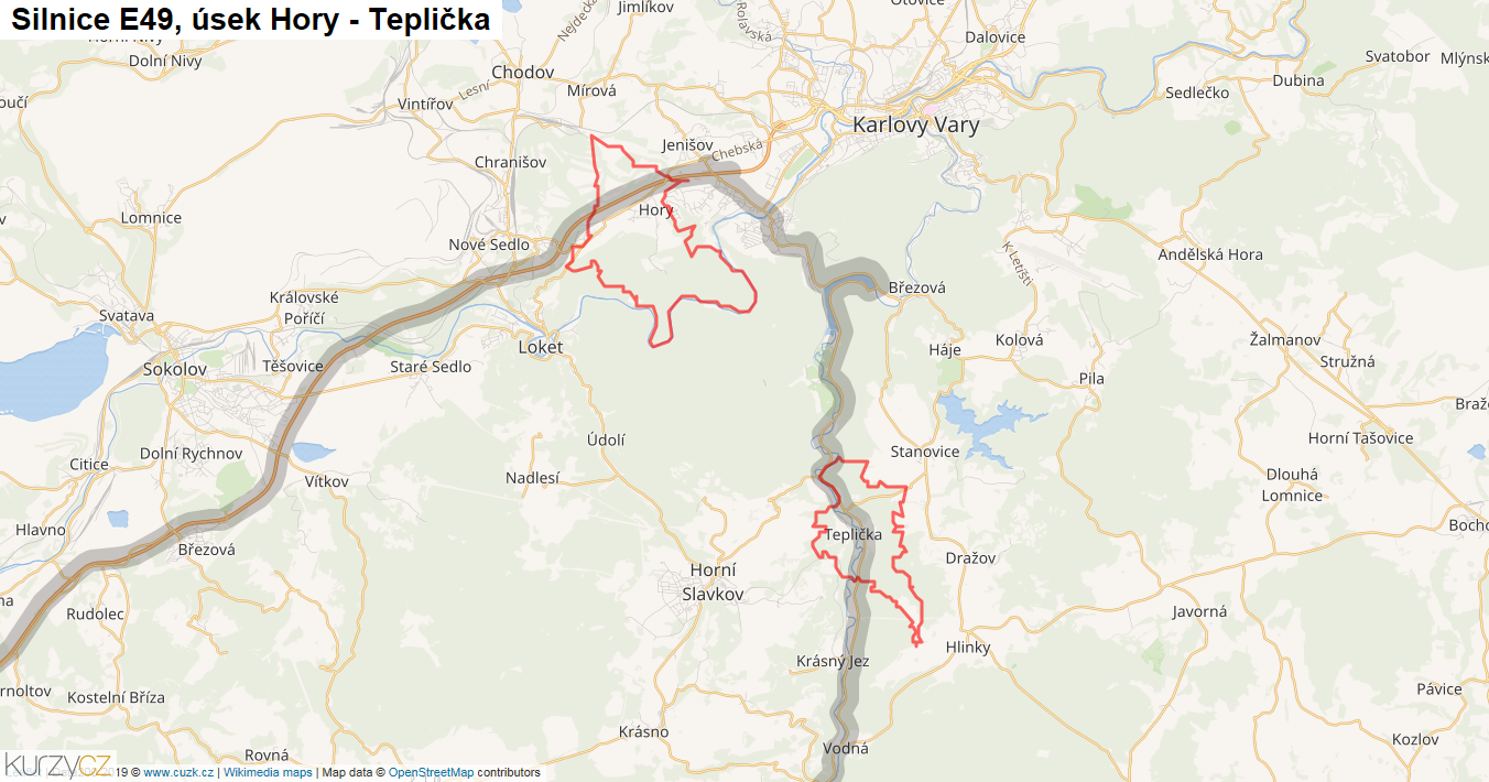 Úsek Hory - Teplička, Silnice E49 - Mapa