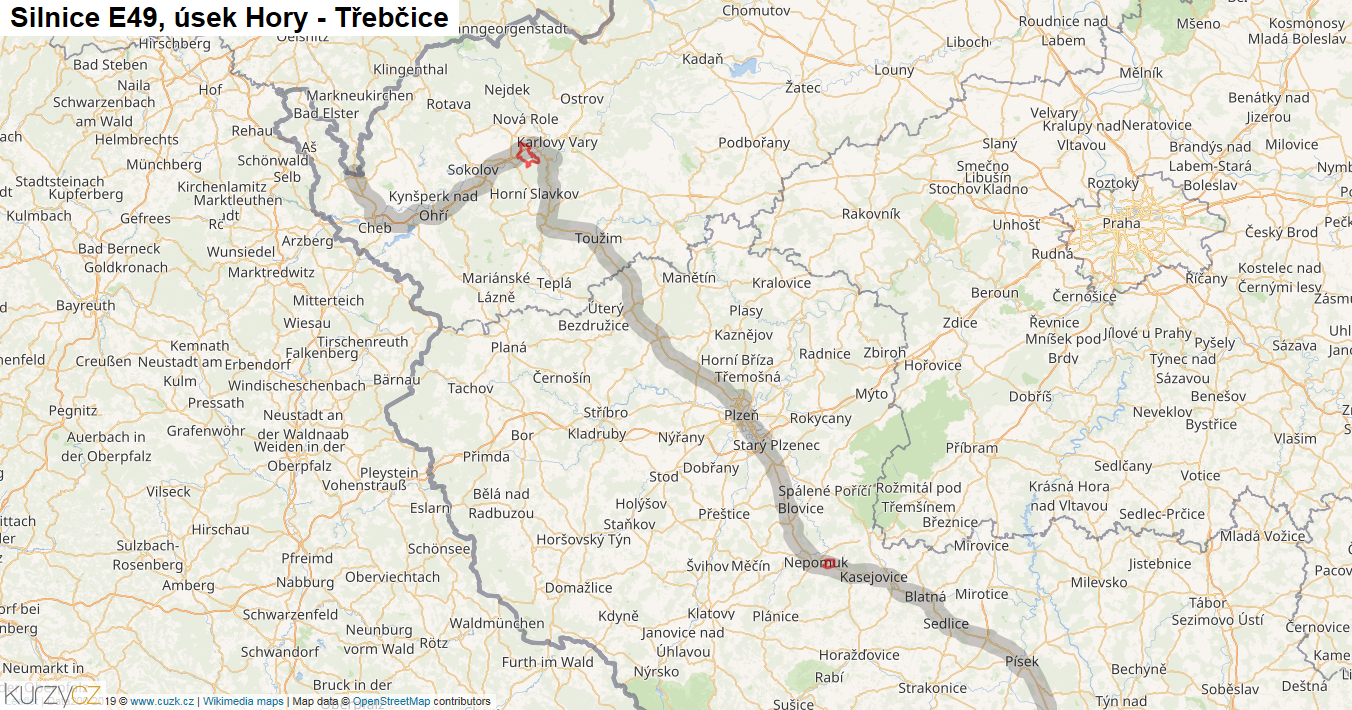 Úsek Hory - Třebčice, Silnice E49 - Mapa