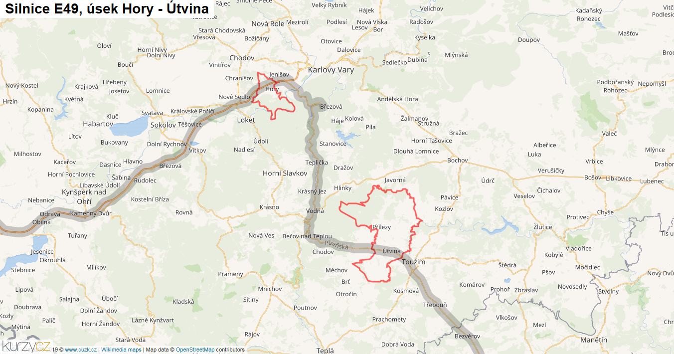 Úsek Hory - Útvina, Silnice E49 - Mapa