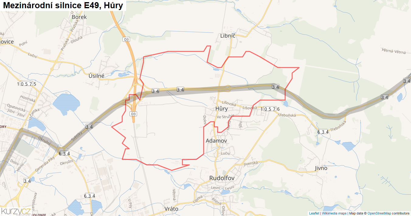 Hůry, Silnice E49 - Mapa