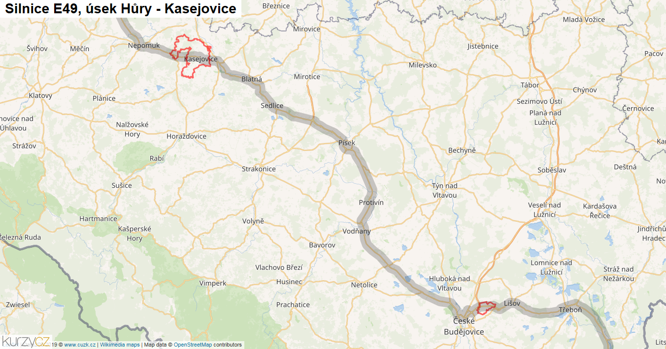 Úsek Hůry - Kasejovice, Silnice E49 - Mapa