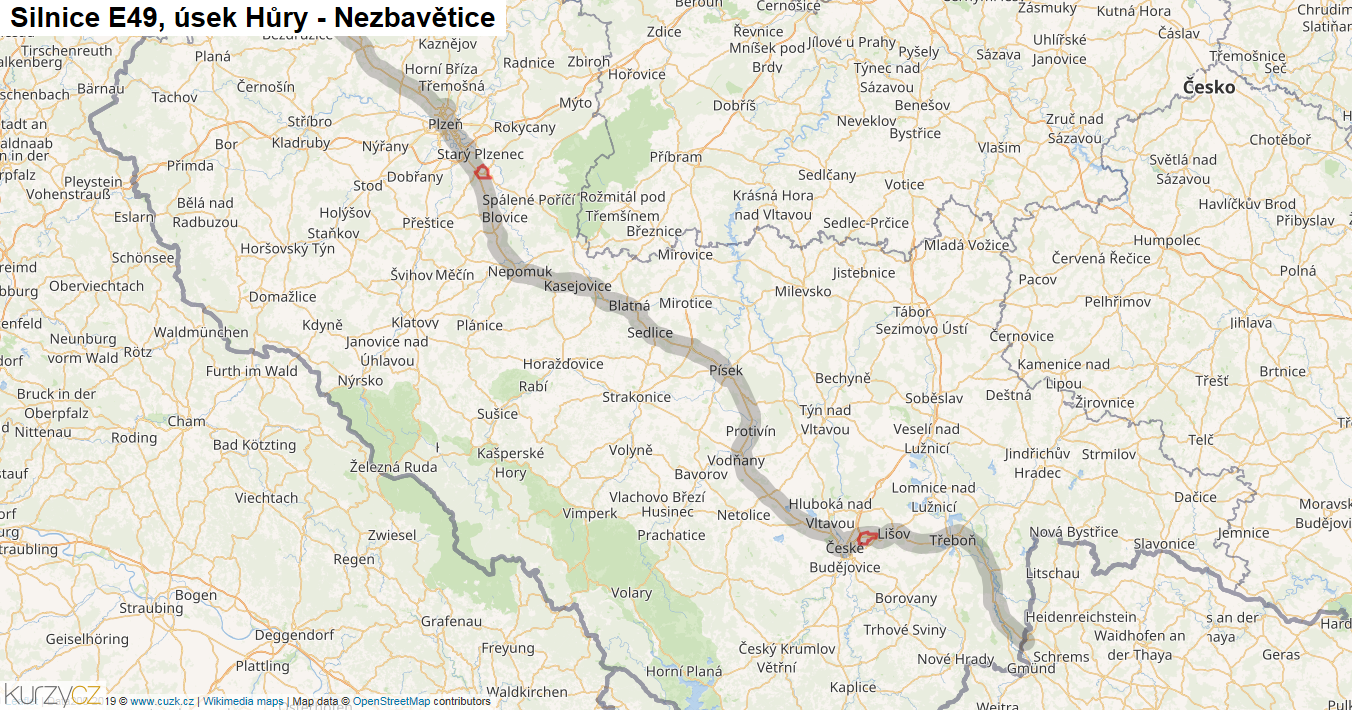 Úsek Hůry - Nezbavětice, Silnice E49 - Mapa