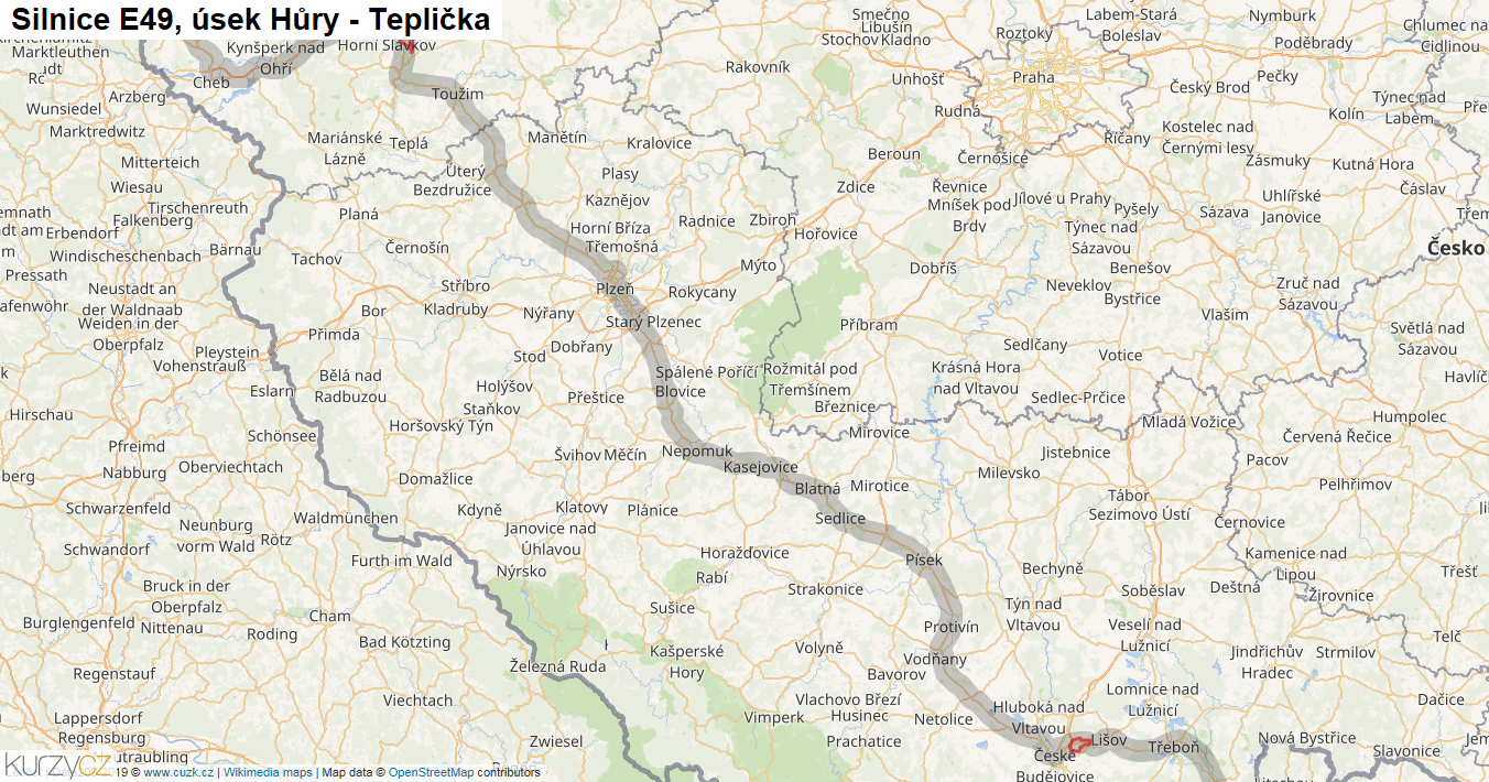 Úsek Hůry - Teplička, Silnice E49 - Mapa