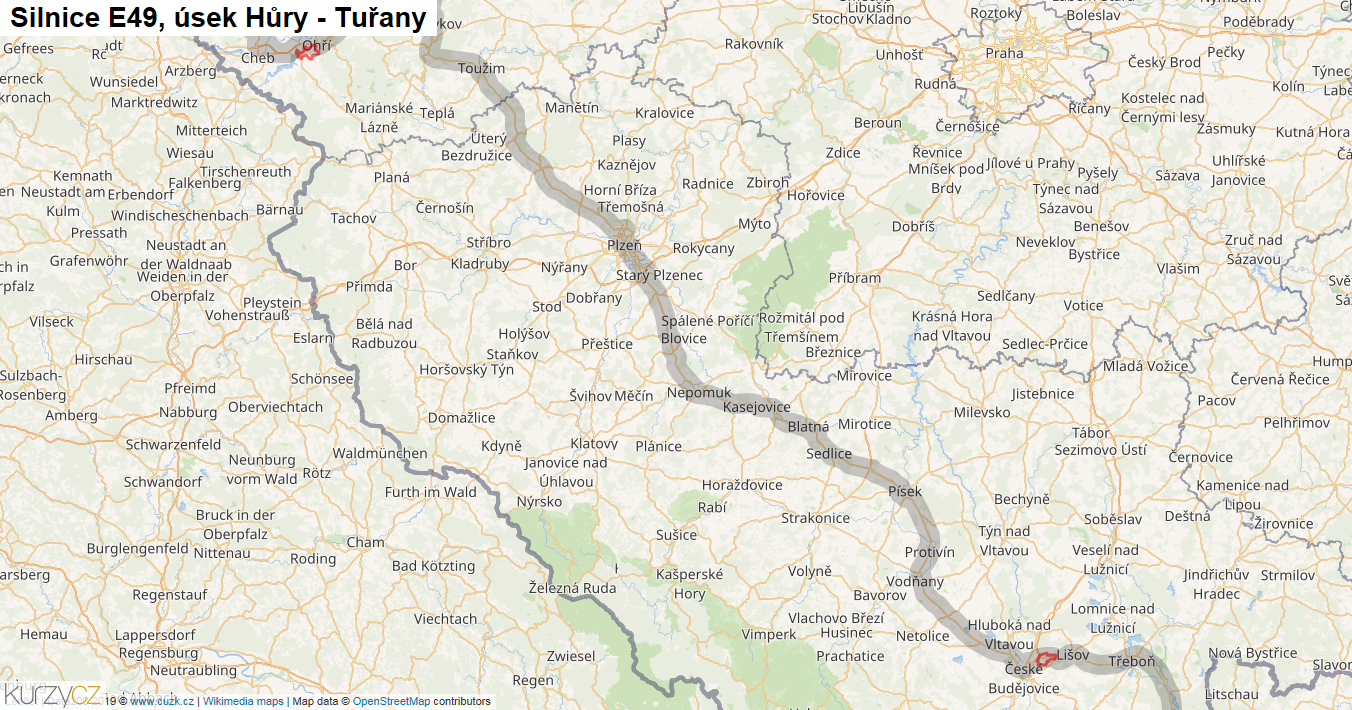 Úsek Hůry - Tuřany, Silnice E49 - Mapa