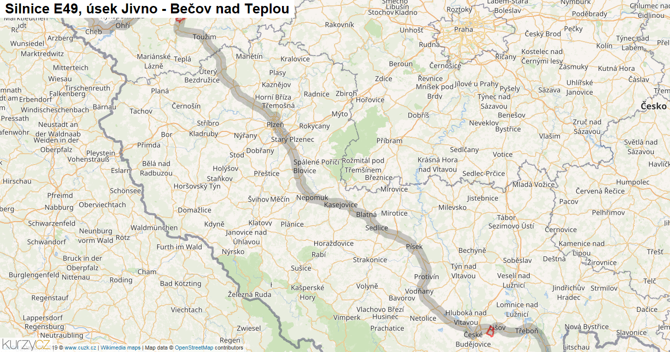 Úsek Jivno - Bečov nad Teplou, Silnice E49 - Mapa
