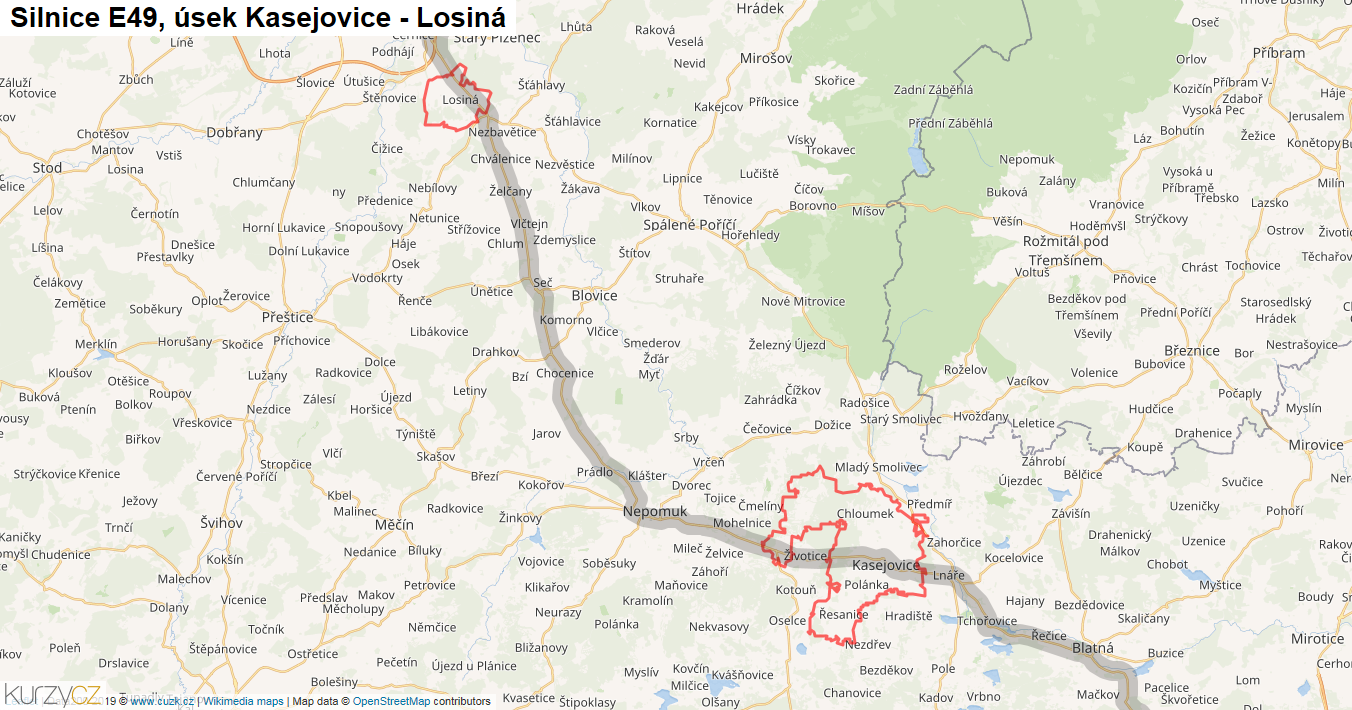 Úsek Kasejovice - Losiná, Silnice E49 - Mapa