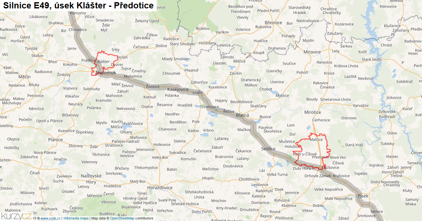 Úsek Klášter - Předotice, Silnice E49 - Mapa