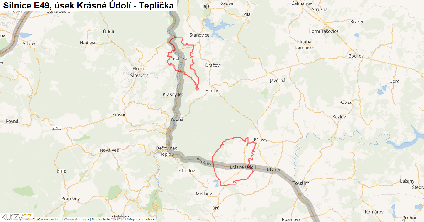 Úsek Krásné Údolí - Teplička, Silnice E49 - Mapa