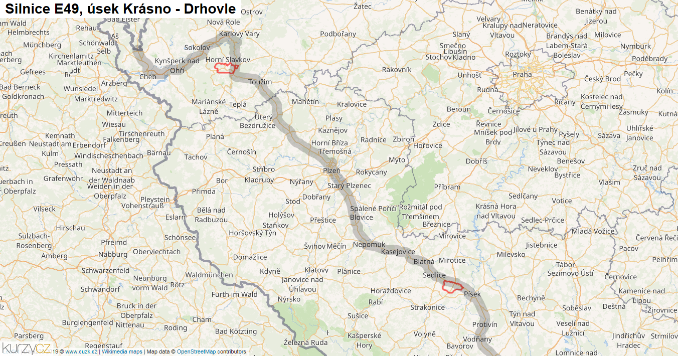 Úsek Krásno - Drhovle, Silnice E49 - Mapa