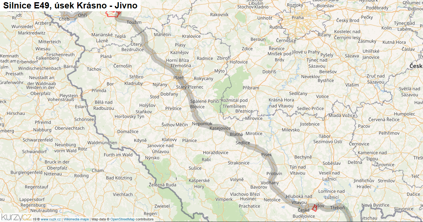 Úsek Krásno - Jivno, Silnice E49 - Mapa