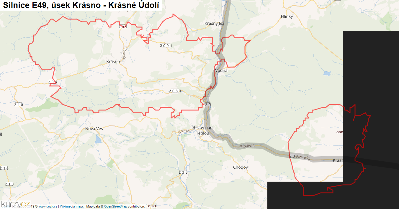Úsek Krásno - Krásné Údolí, Silnice E49 - Mapa