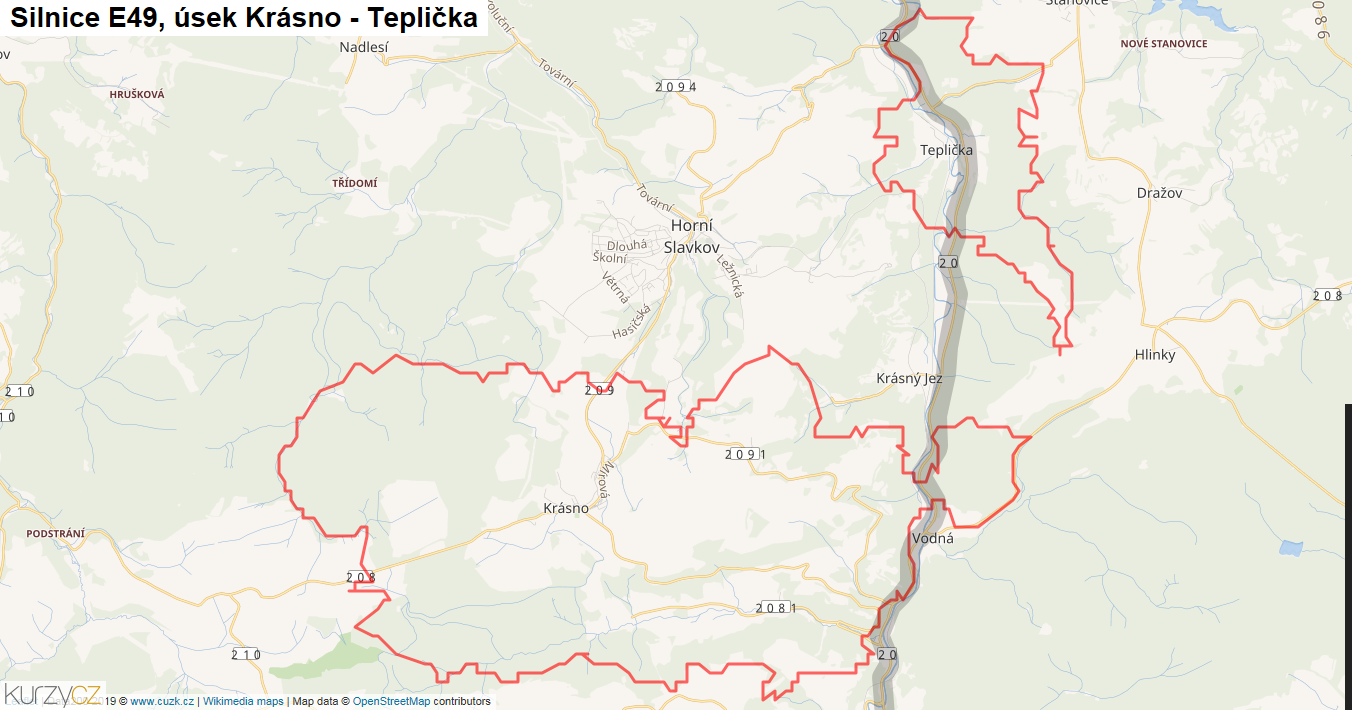 Úsek Krásno - Teplička, Silnice E49 - Mapa