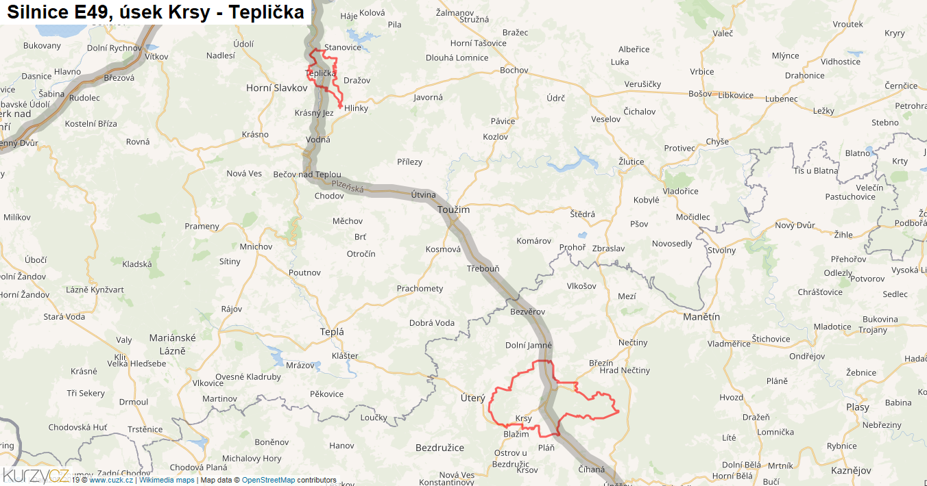 Úsek Krsy - Teplička, Silnice E49 - Mapa