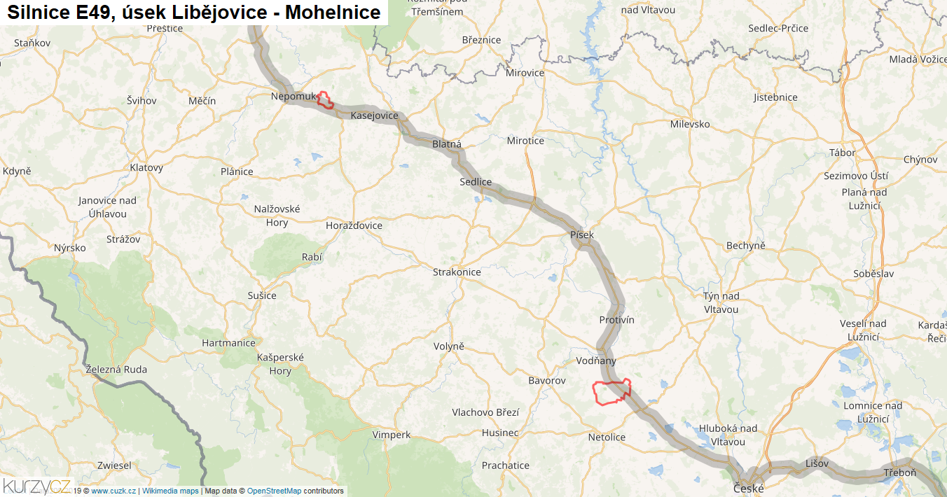 Úsek Libějovice - Mohelnice, Silnice E49 - Mapa