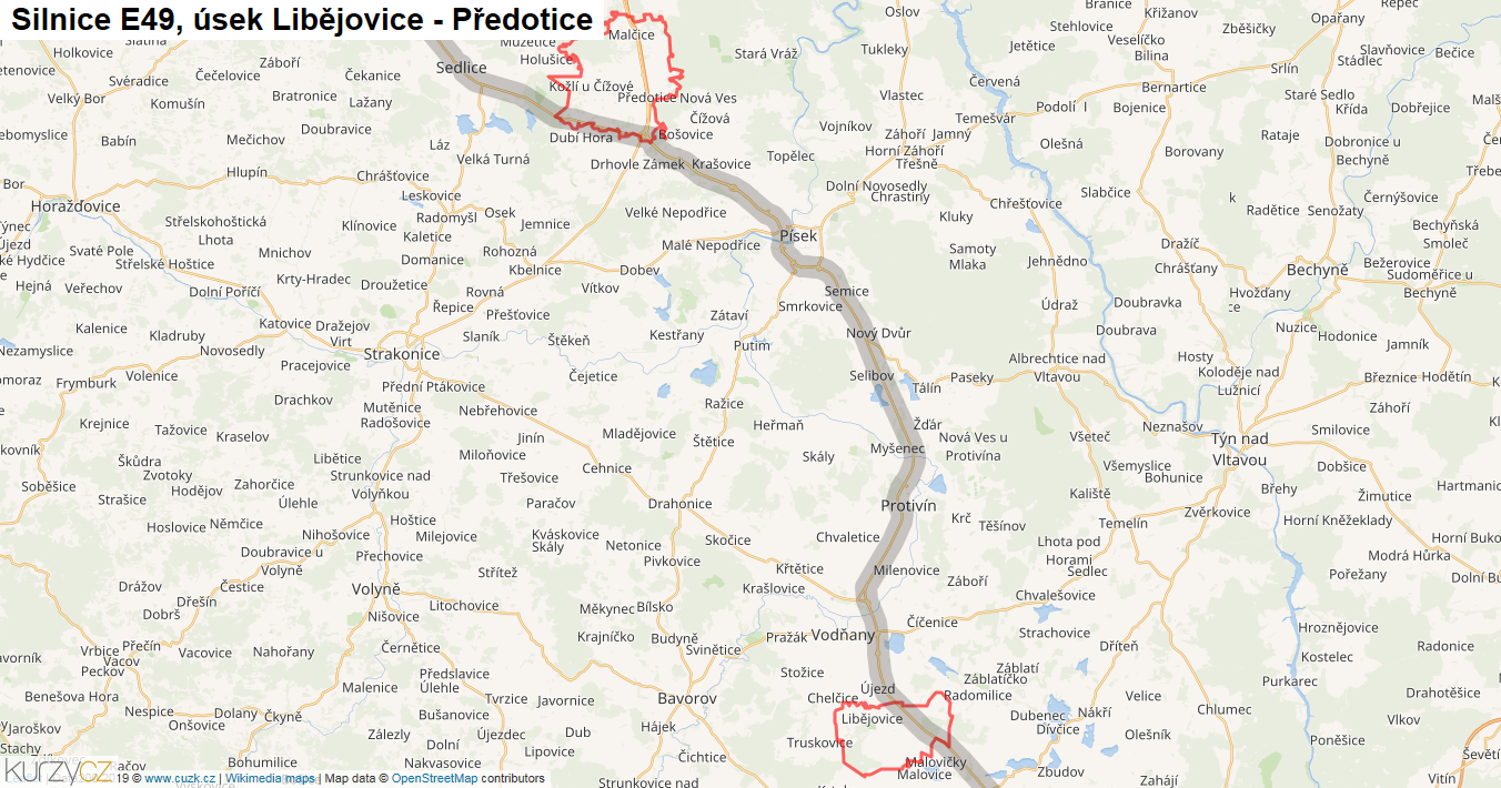 Úsek Libějovice - Předotice, Silnice E49 - Mapa