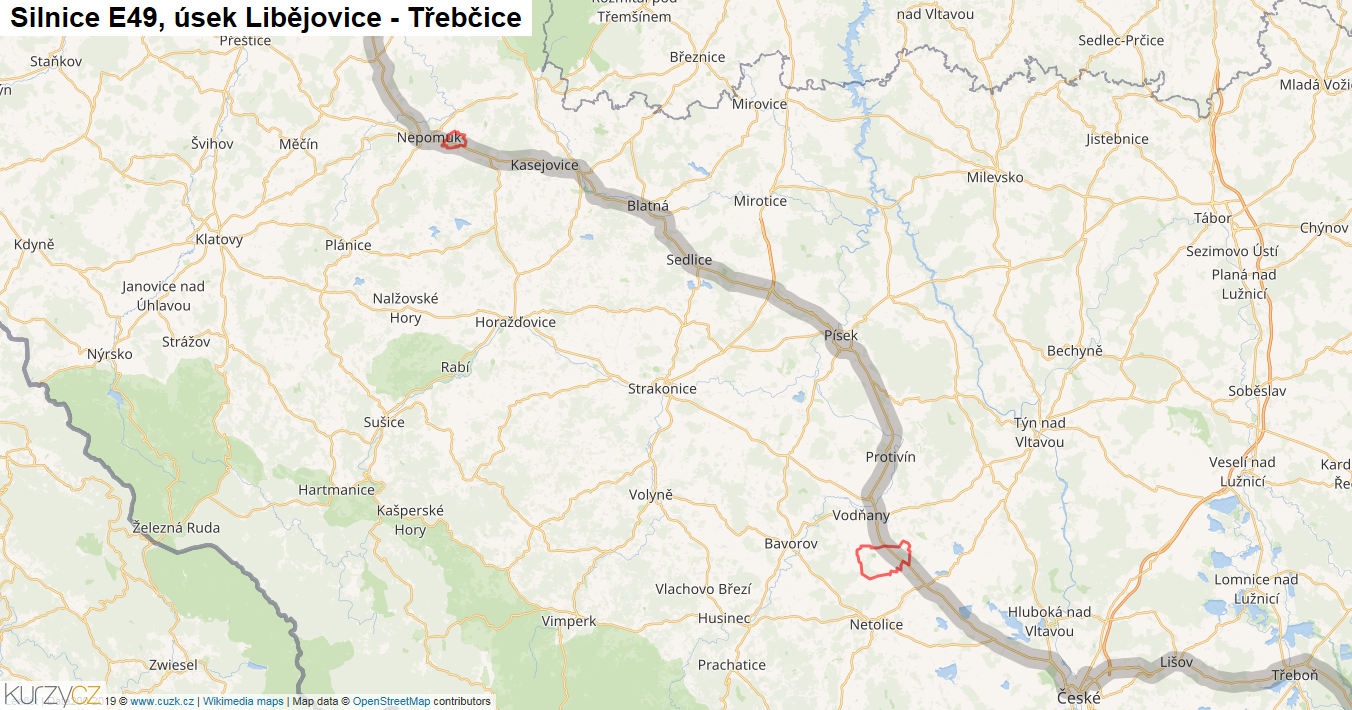 Úsek Libějovice - Třebčice, Silnice E49 - Mapa