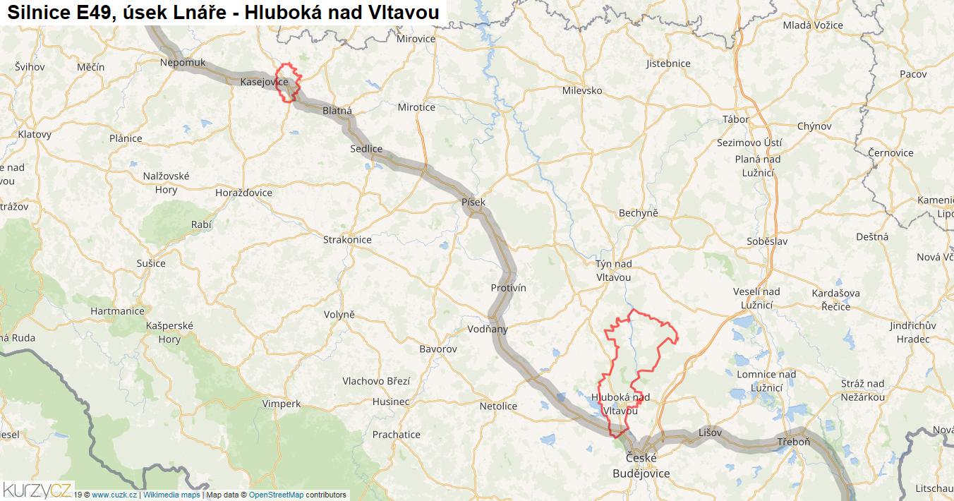 Úsek Lnáře - Hluboká nad Vltavou, Silnice E49 - Mapa