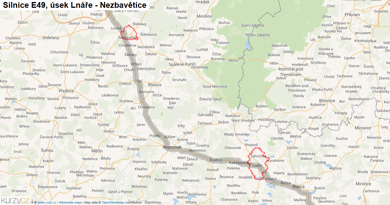 Úsek Lnáře - Nezbavětice, Silnice E49 - Mapa