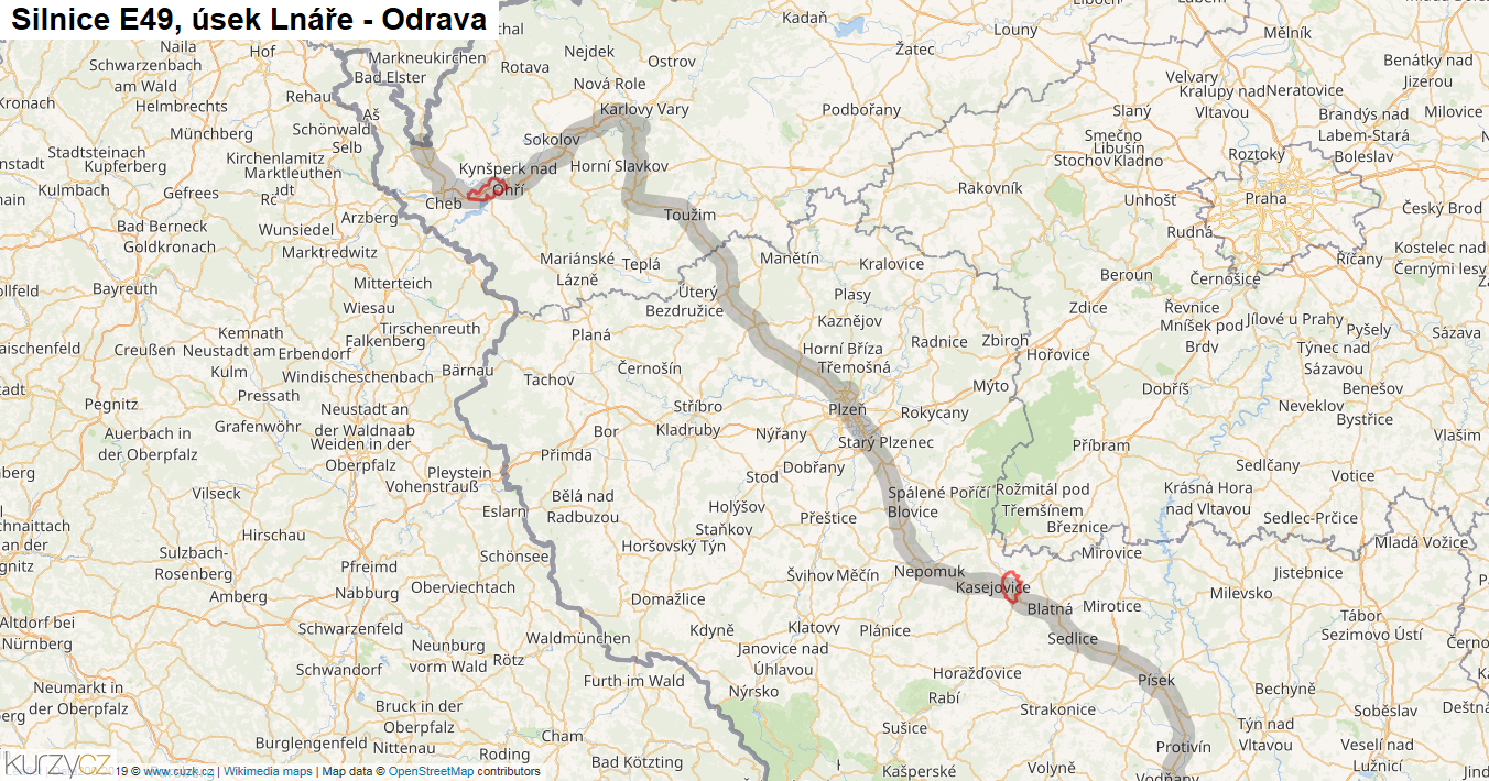 Úsek Lnáře - Odrava, Silnice E49 - Mapa