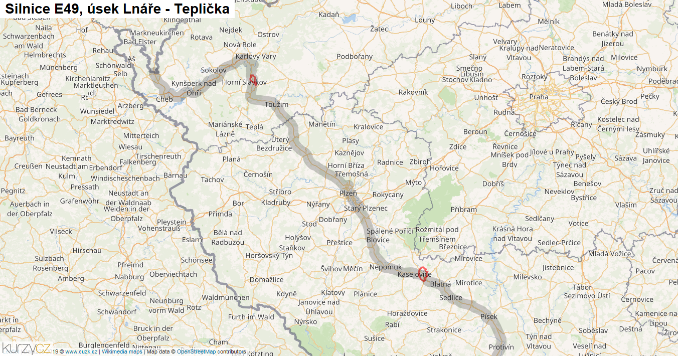 Úsek Lnáře - Teplička, Silnice E49 - Mapa