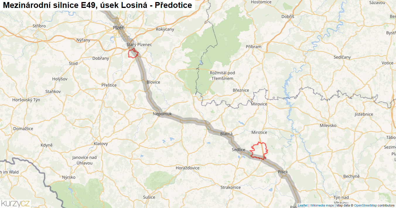 Úsek Losiná - Předotice, Silnice E49 - Mapa