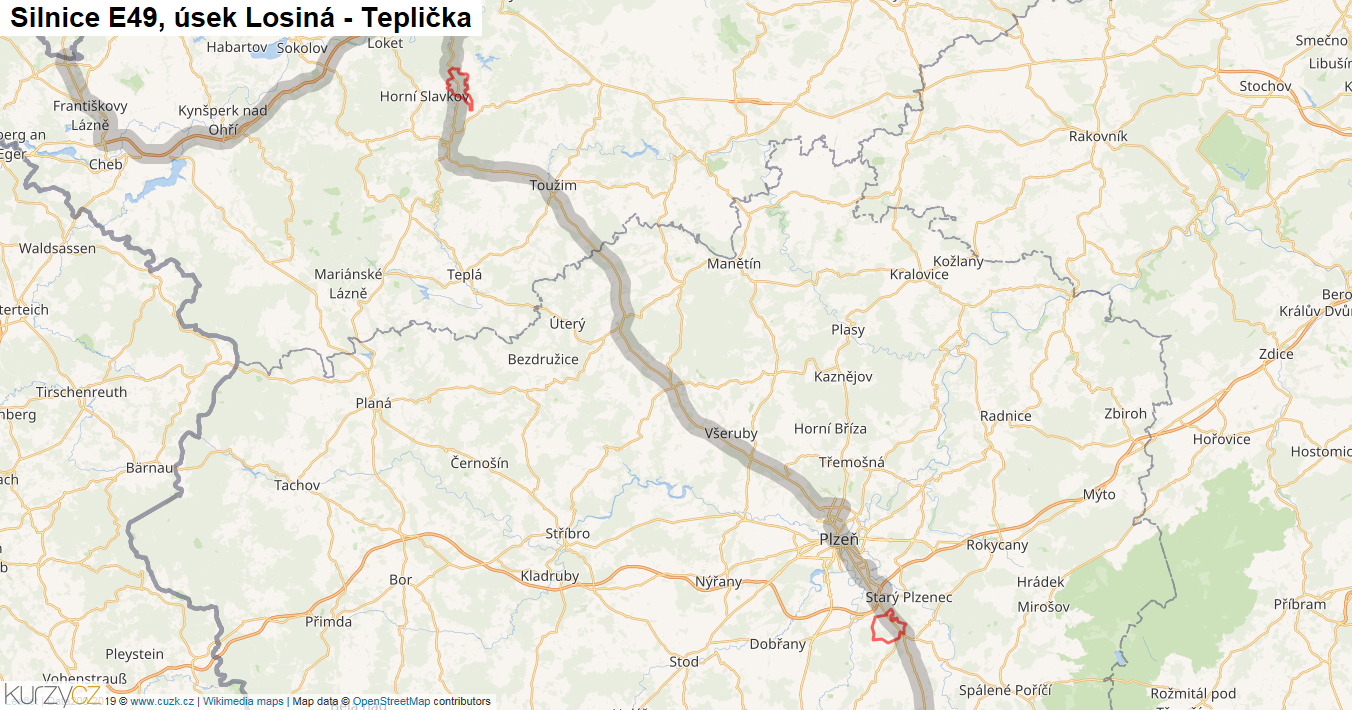 Úsek Losiná - Teplička, Silnice E49 - Mapa