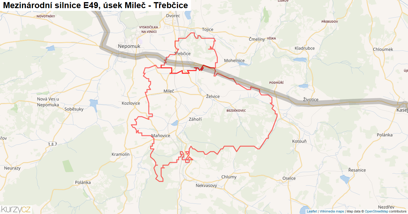 Úsek Mileč - Třebčice, Silnice E49 - Mapa
