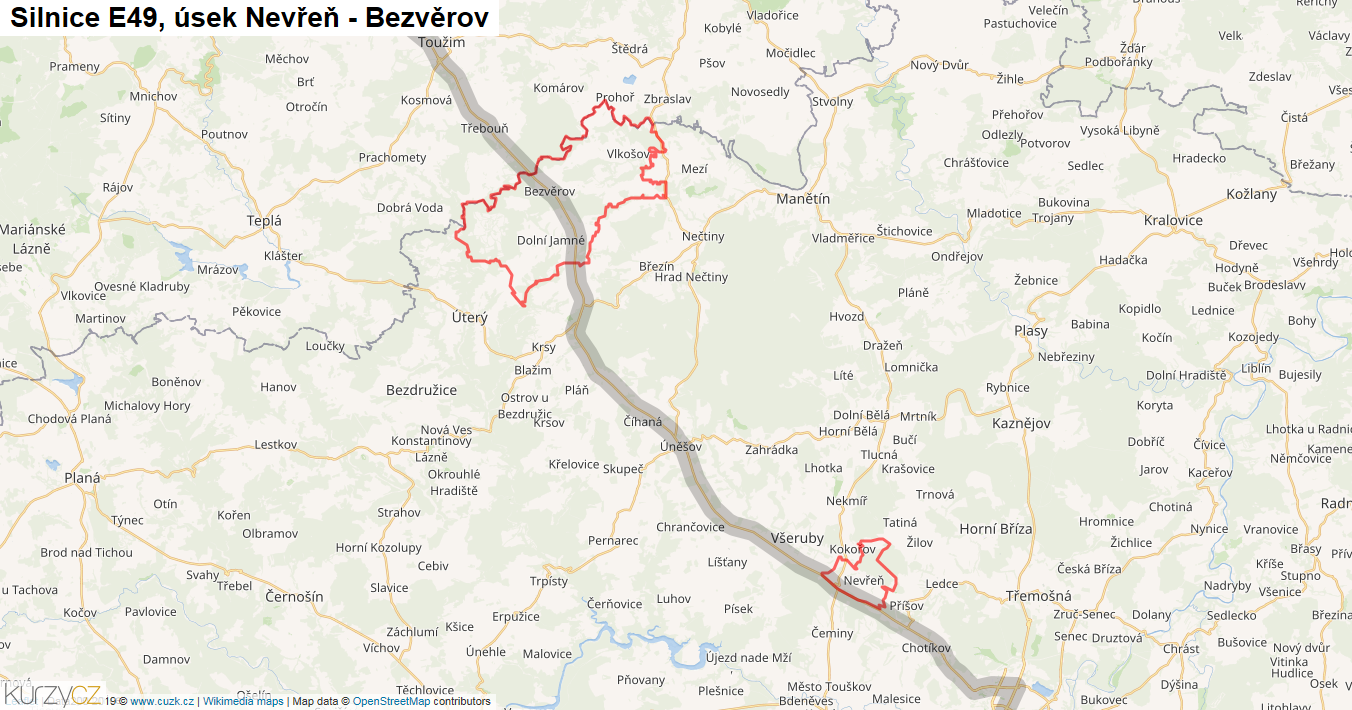 Úsek Nevřeň - Bezvěrov, Silnice E49 - Mapa