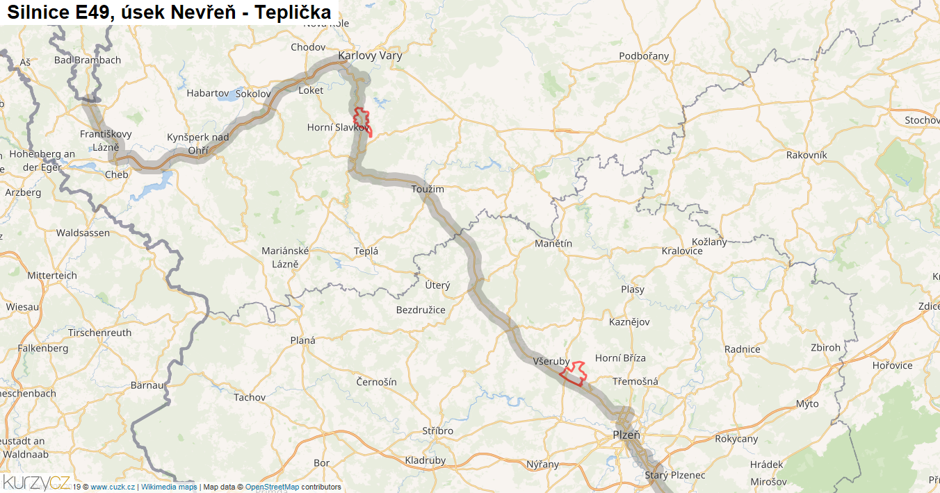 Úsek Nevřeň - Teplička, Silnice E49 - Mapa