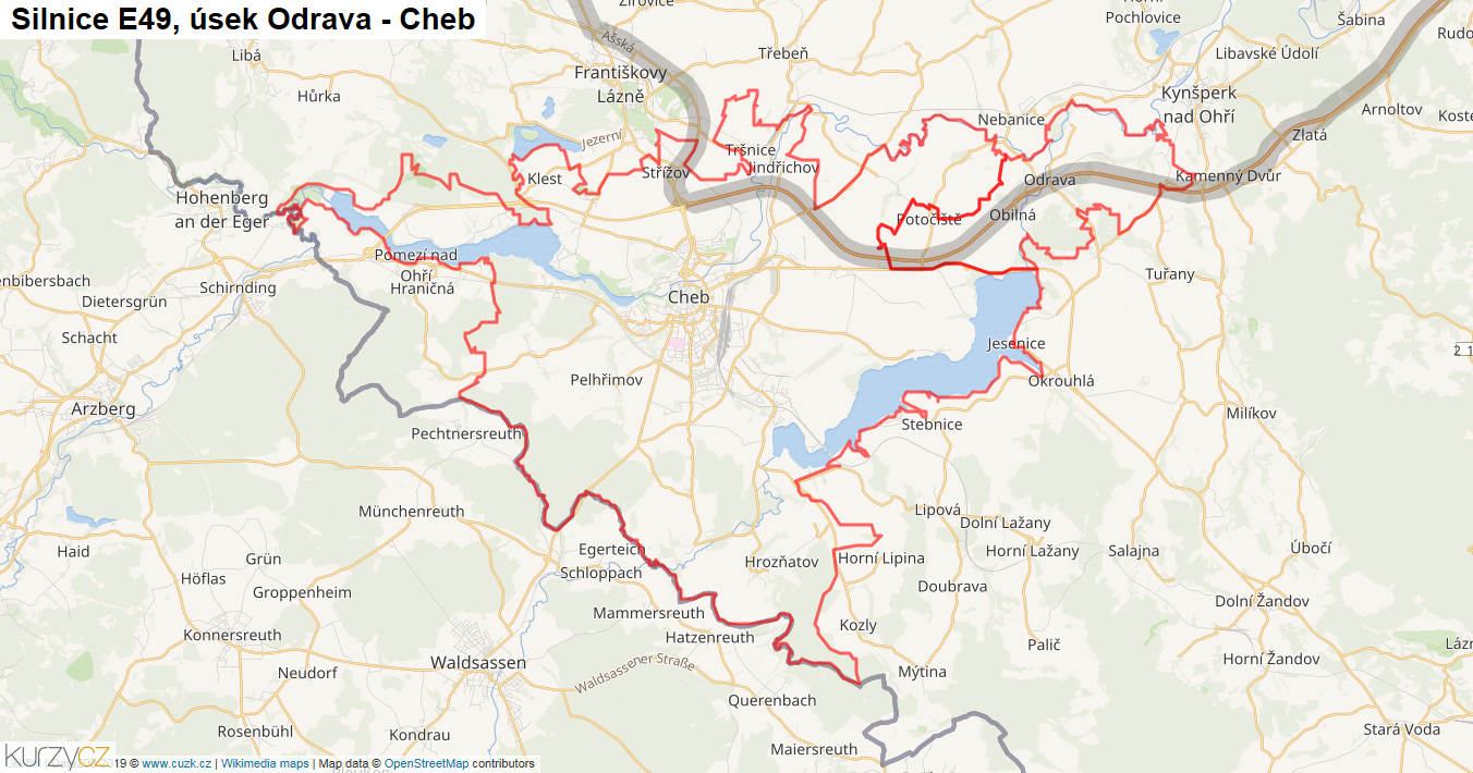 Úsek Odrava - Cheb, Silnice E49 - Mapa