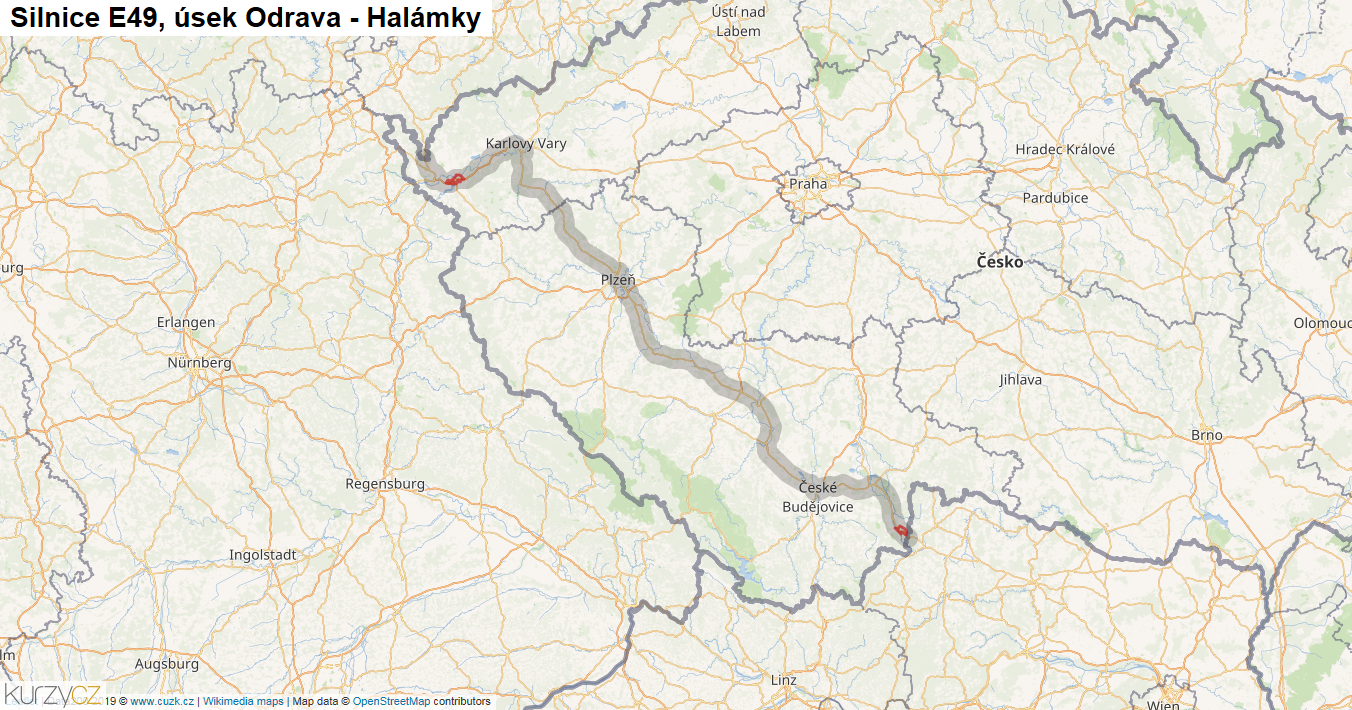 Úsek Odrava - Halámky, Silnice E49 - Mapa