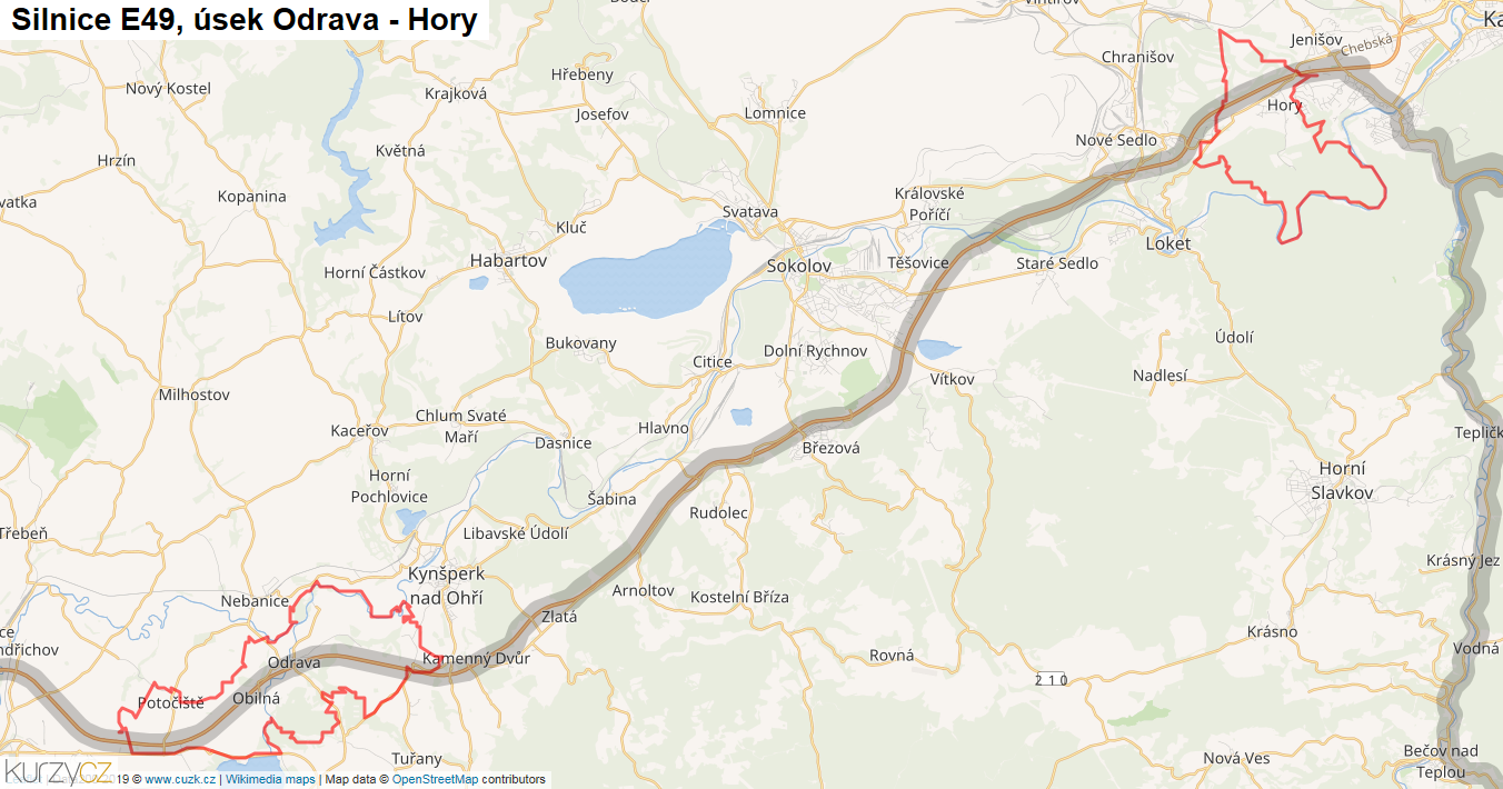 Úsek Odrava - Hory, Silnice E49 - Mapa