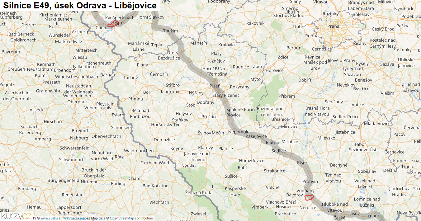 Úsek Odrava - Libějovice, Silnice E49 - Mapa