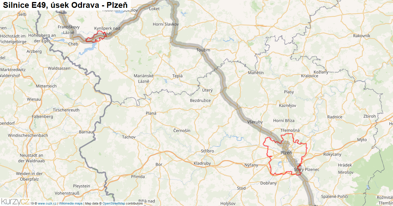 Úsek Odrava - Plzeň, Silnice E49 - Mapa