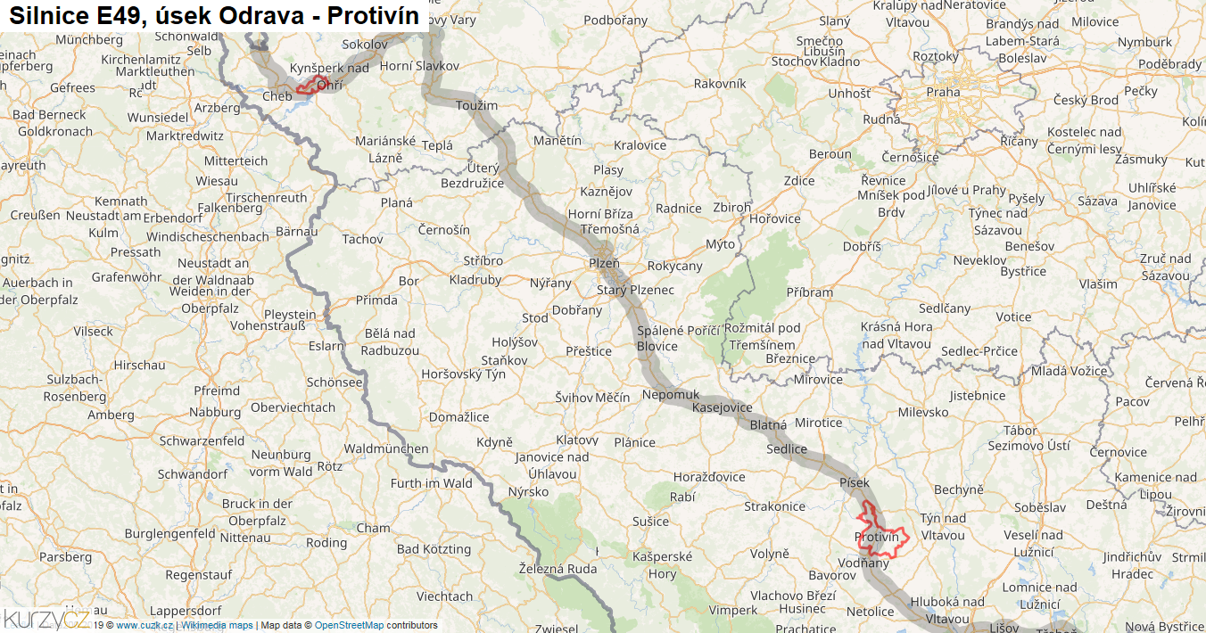 Úsek Odrava - Protivín, Silnice E49 - Mapa