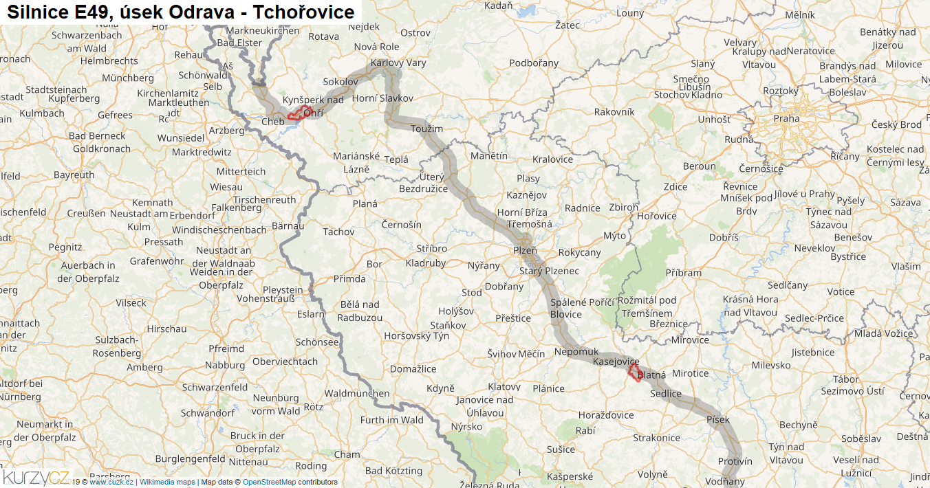 Úsek Odrava - Tchořovice, Silnice E49 - Mapa