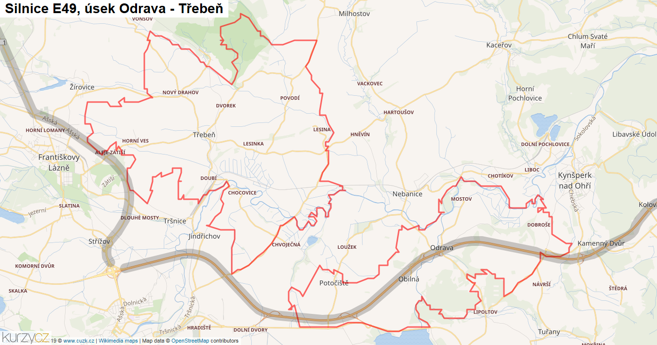 Úsek Odrava - Třebeň, Silnice E49 - Mapa