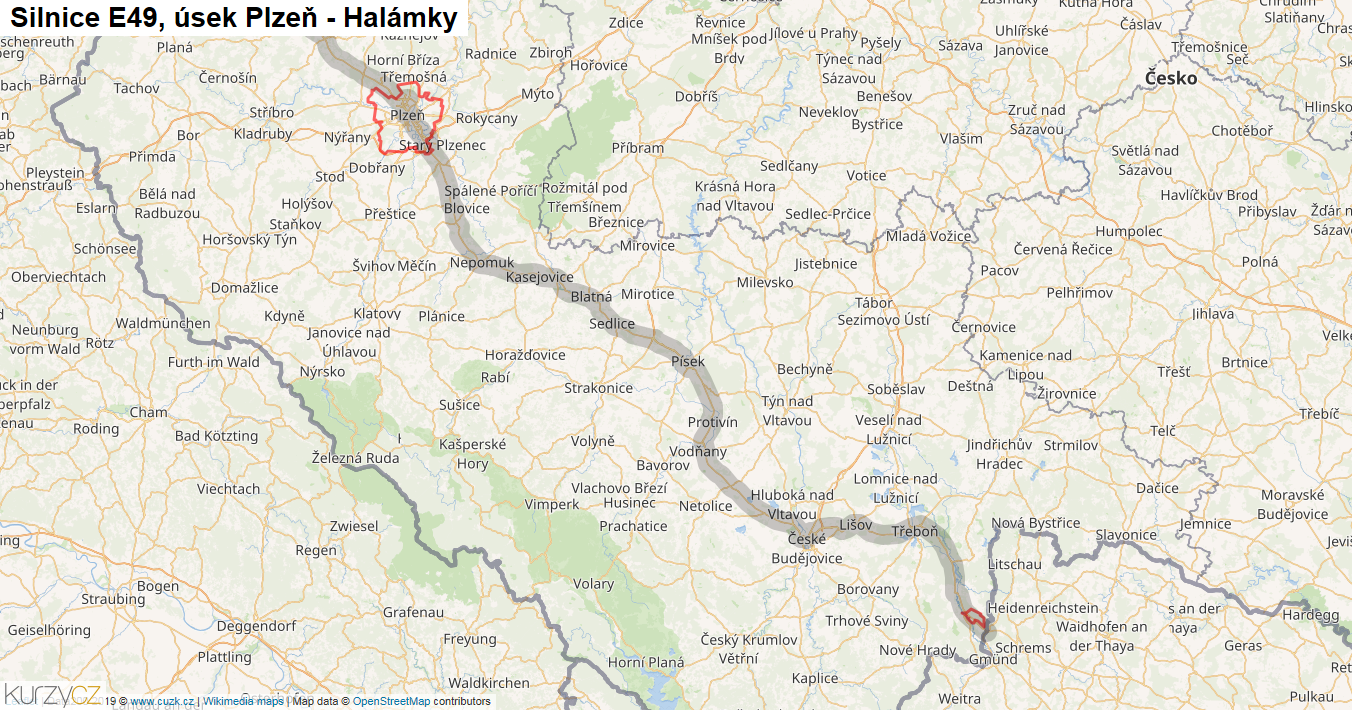 Úsek Plzeň - Halámky, Silnice E49 - Mapa