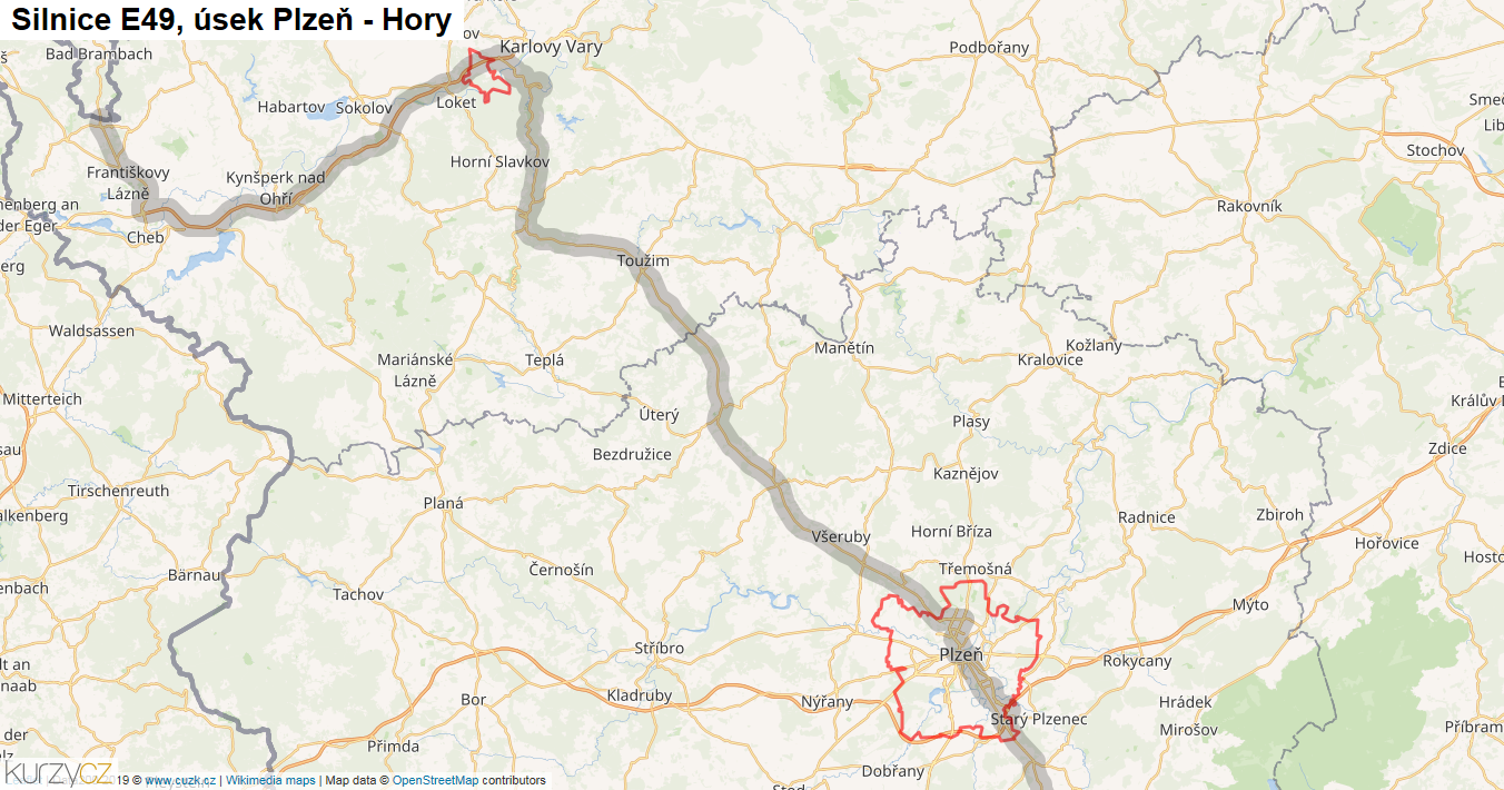 Úsek Plzeň - Hory, Silnice E49 - Mapa