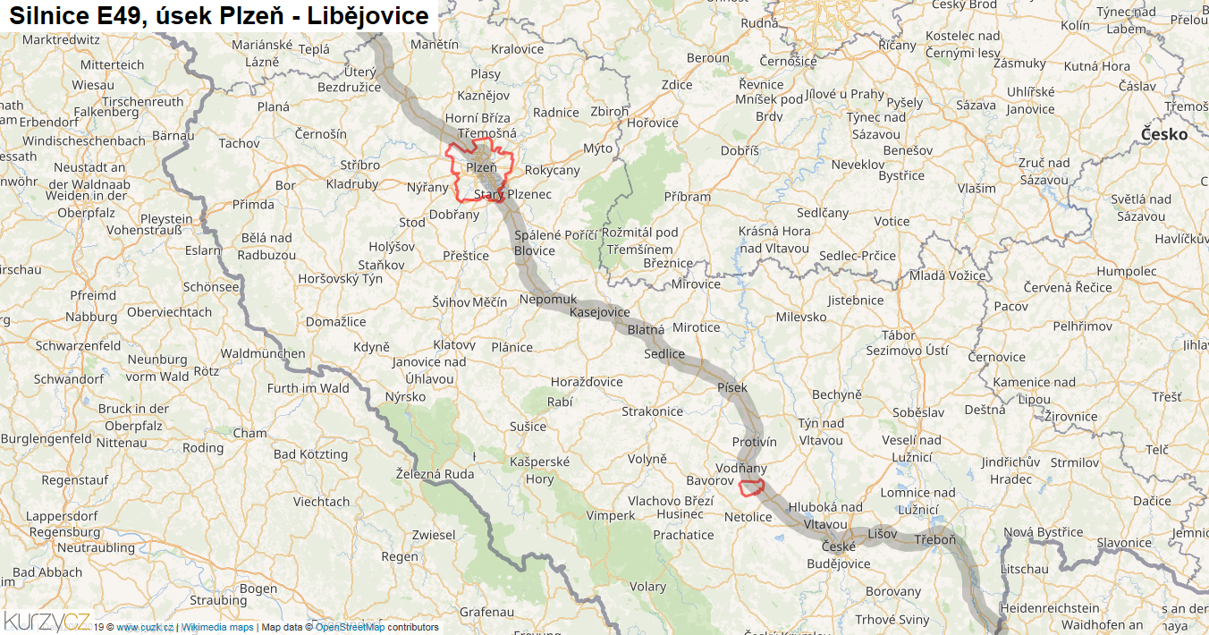 Úsek Plzeň - Libějovice, Silnice E49 - Mapa