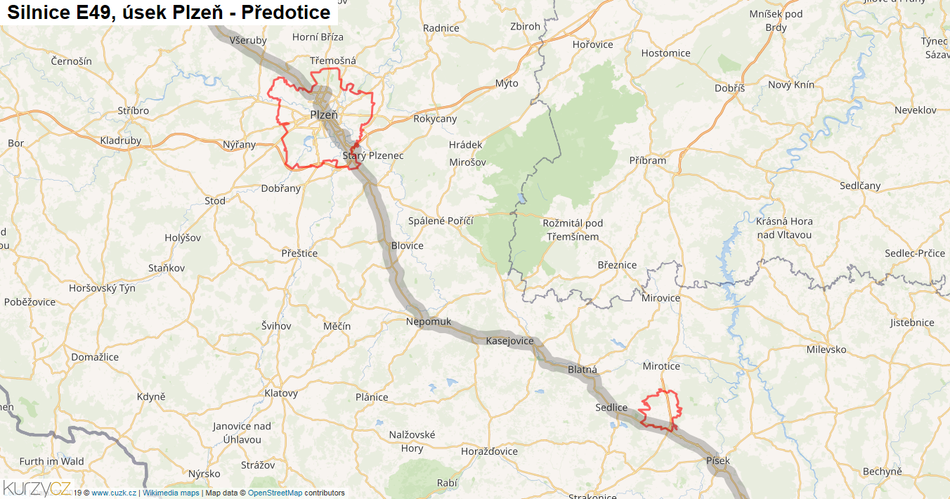Úsek Plzeň - Předotice, Silnice E49 - Mapa